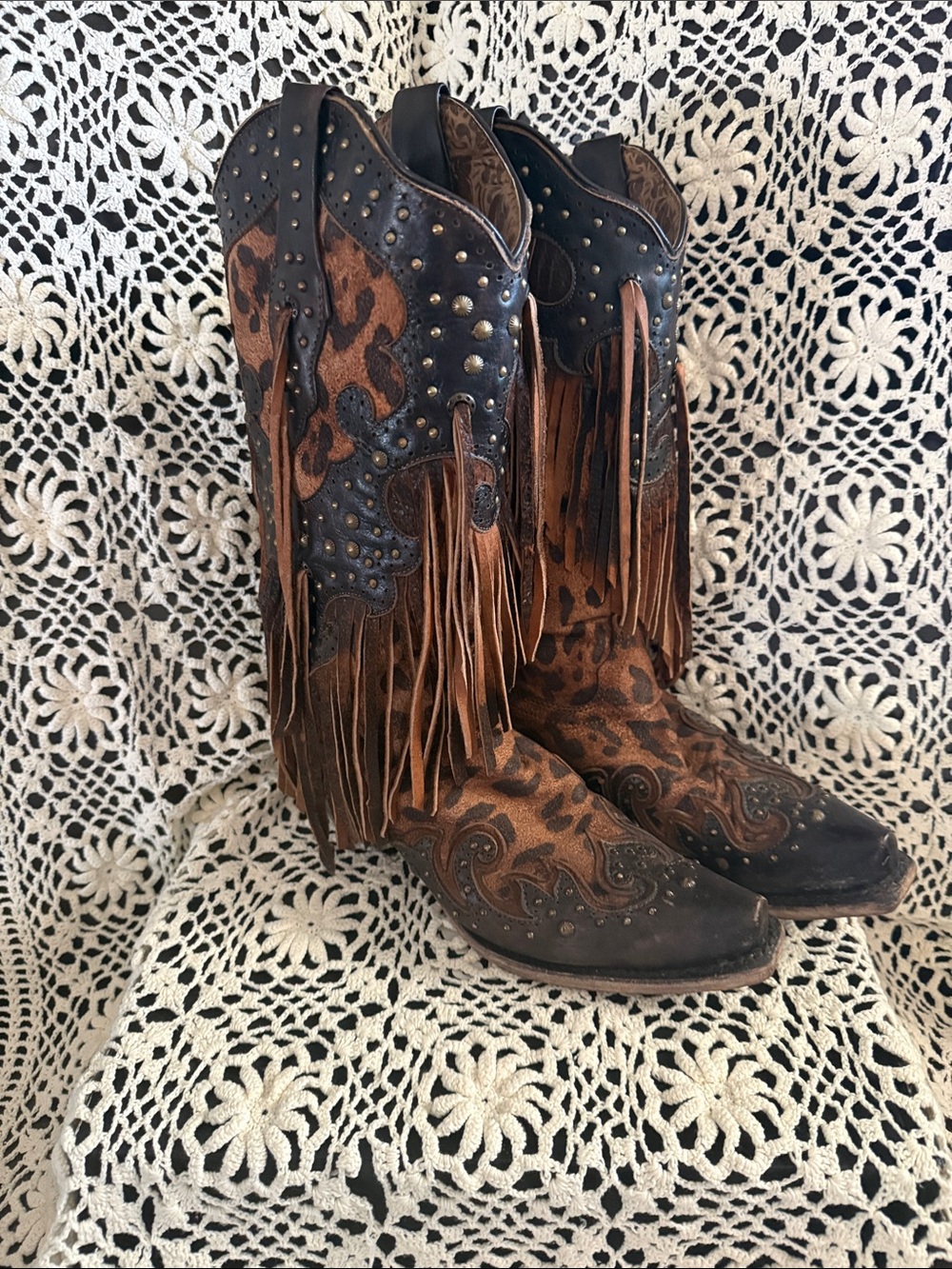 Corral Brown and Black Fringe Studded Western Boots